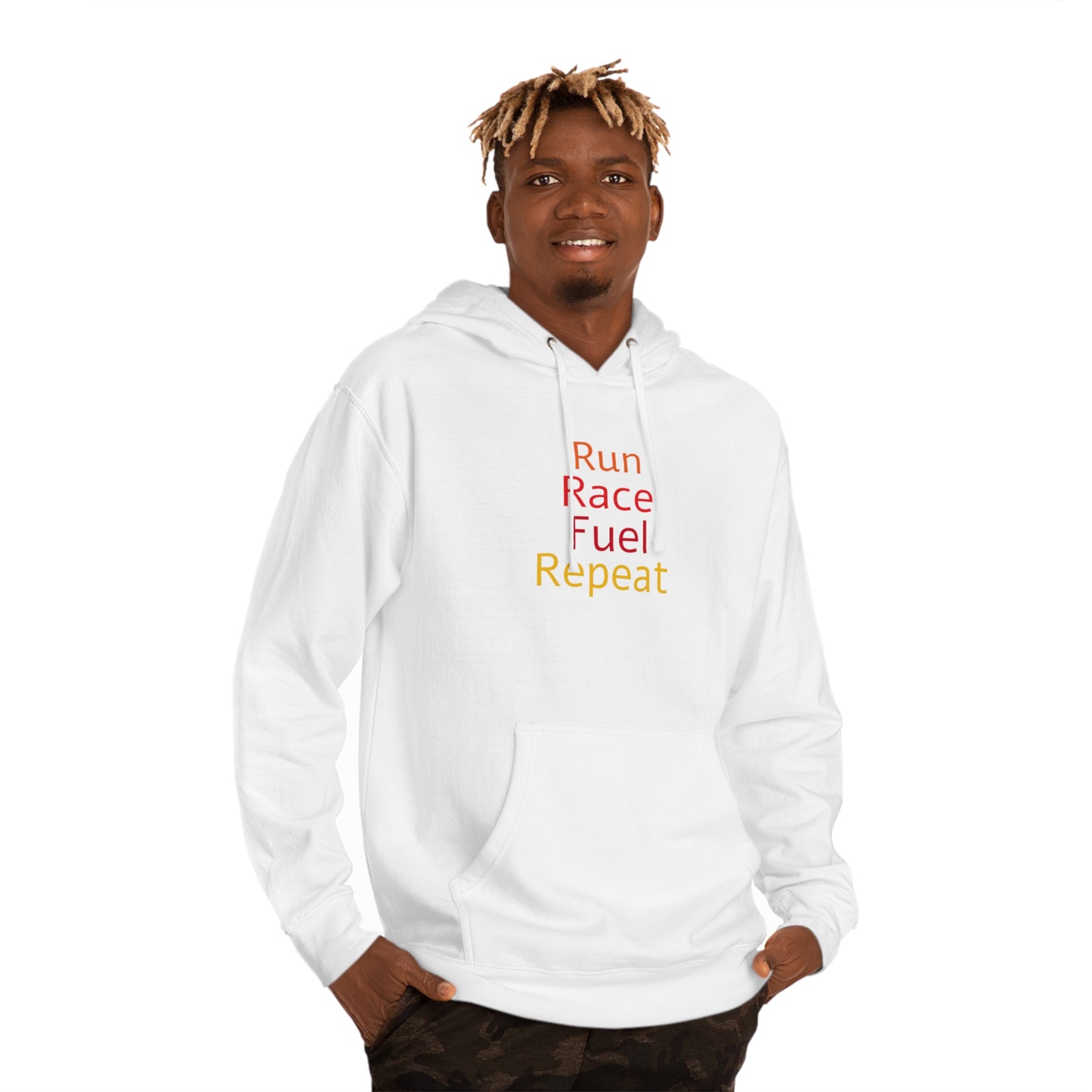 Run Race Fuel Repeat  Unisex Hooded Sweatshirt with QR code "The person who starts a race is not the sam person who finishes