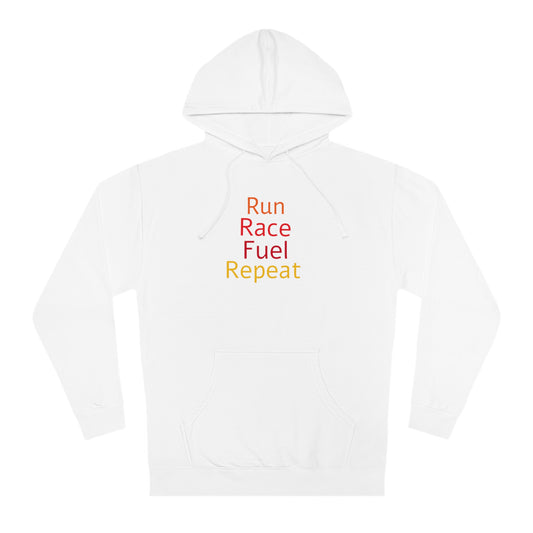 Run Race Fuel Repeat  Unisex Hooded Sweatshirt with QR code "The person who starts a race is not the sam person who finishes