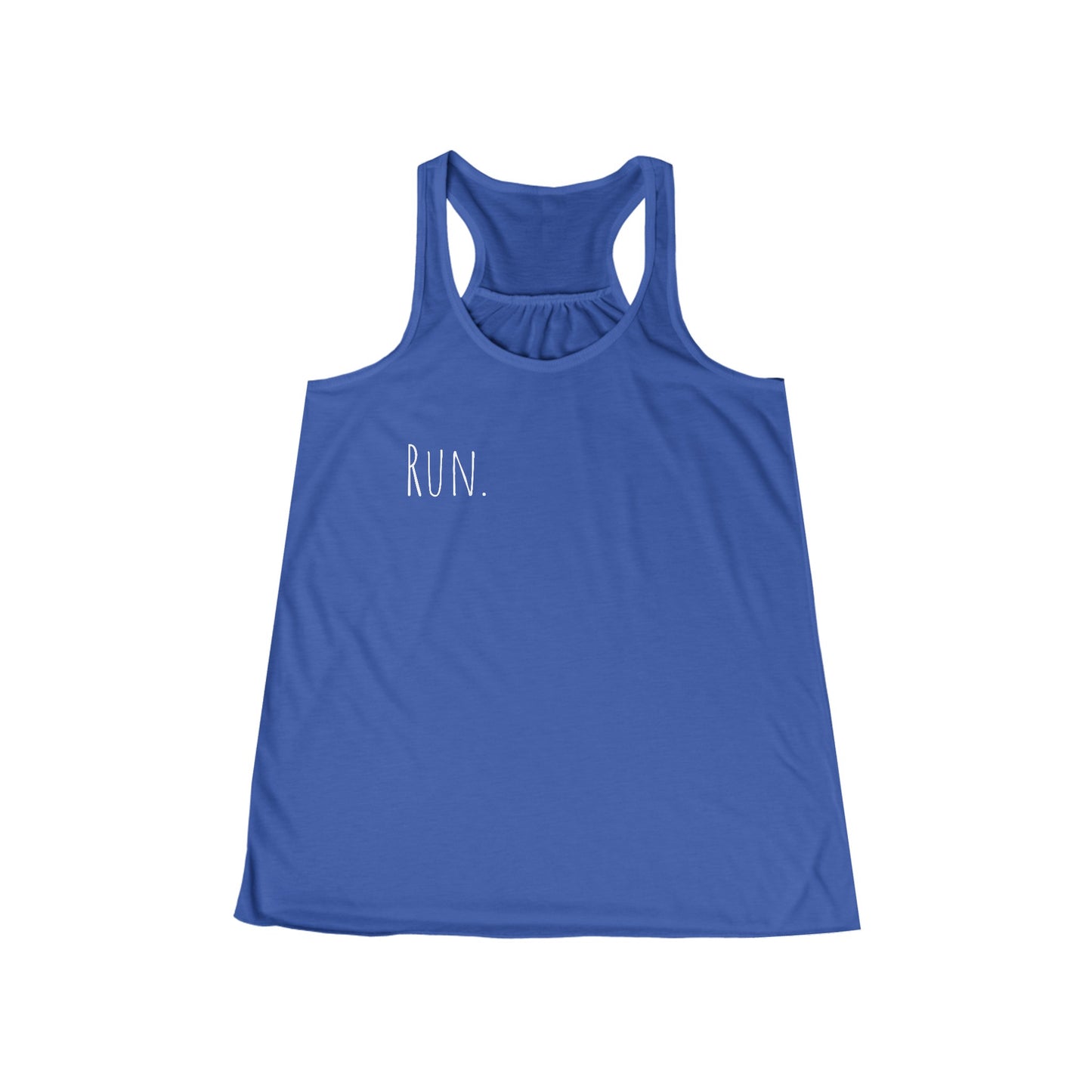 Run. Women's Flowy Racerback Tank with QR code "the person who starts a race is not the same person who finishes"