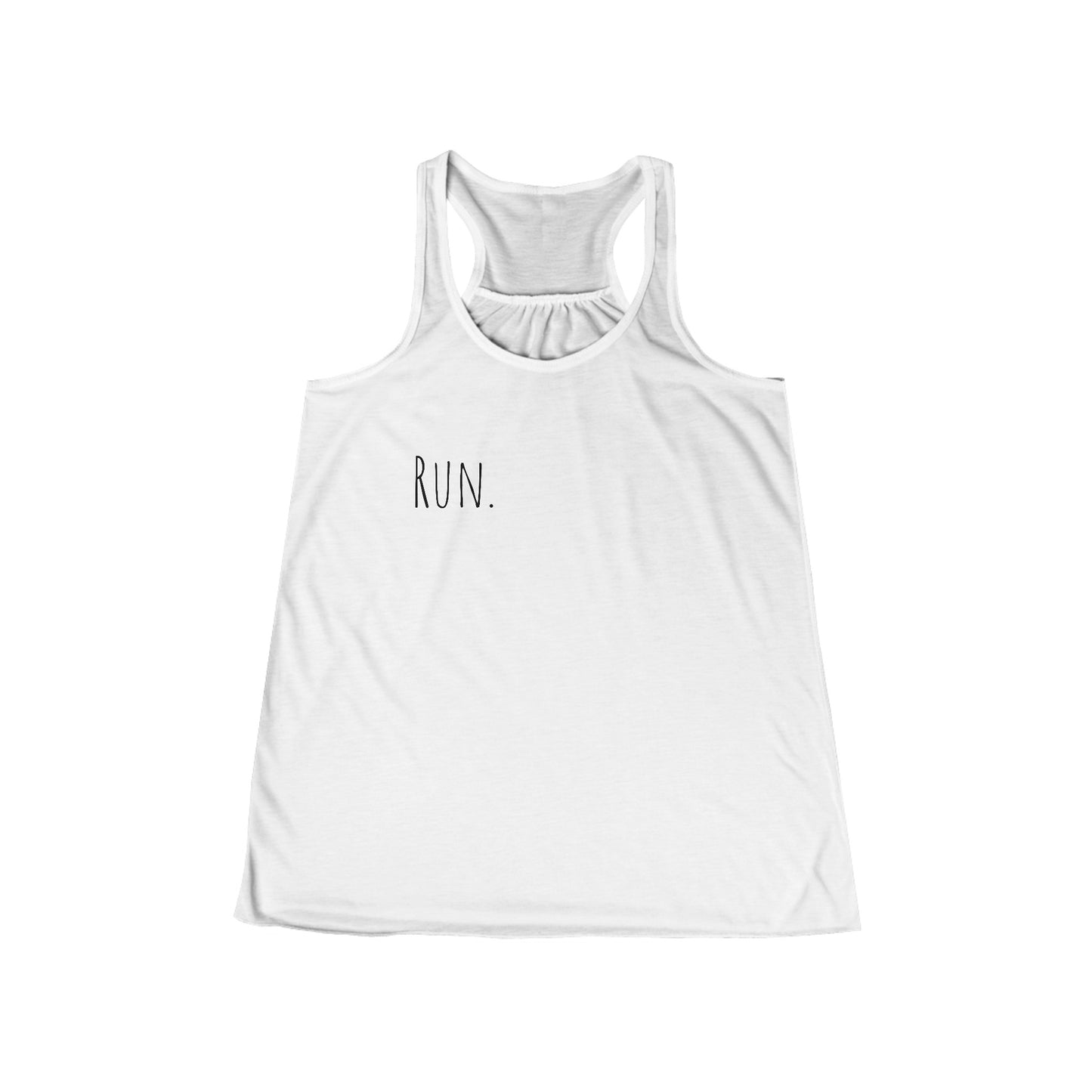 Run. Women's Flowy Racerback Tank with QR code "the person who starts a race is not the same person who finishes"