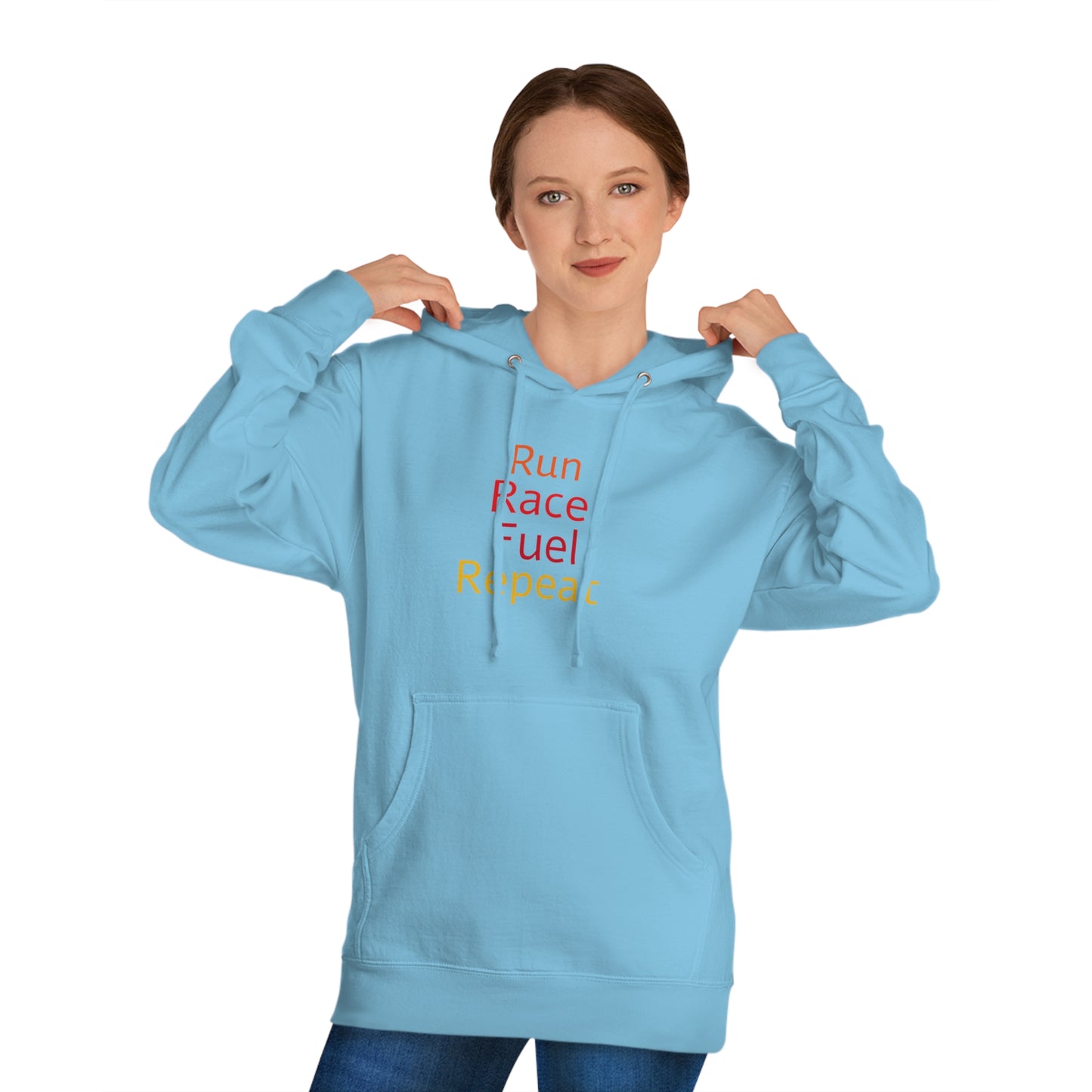 Run Race Fuel Repeat  Unisex Hooded Sweatshirt with QR code "The person who starts a race is not the sam person who finishes