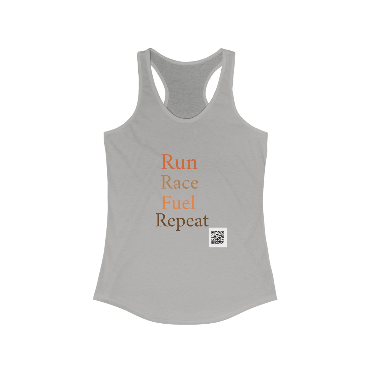 Run Race Fuel Repeat Racerback Tank with QR code on back "The person who starts a race is not the same who finishes "