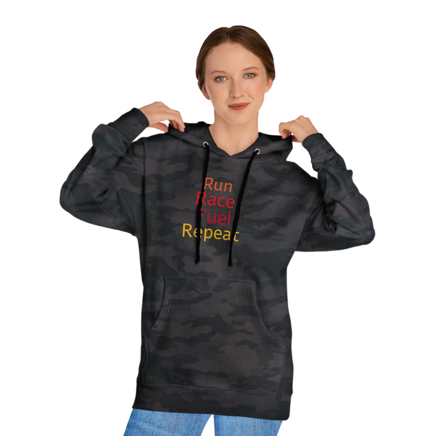 Run Race Fuel Repeat  Unisex Hooded Sweatshirt with QR code "The person who starts a race is not the sam person who finishes