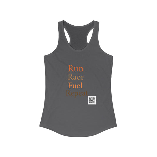 Run Race Fuel Repeat Racerback Tank with QR code on back "The person who starts a race is not the same who finishes "